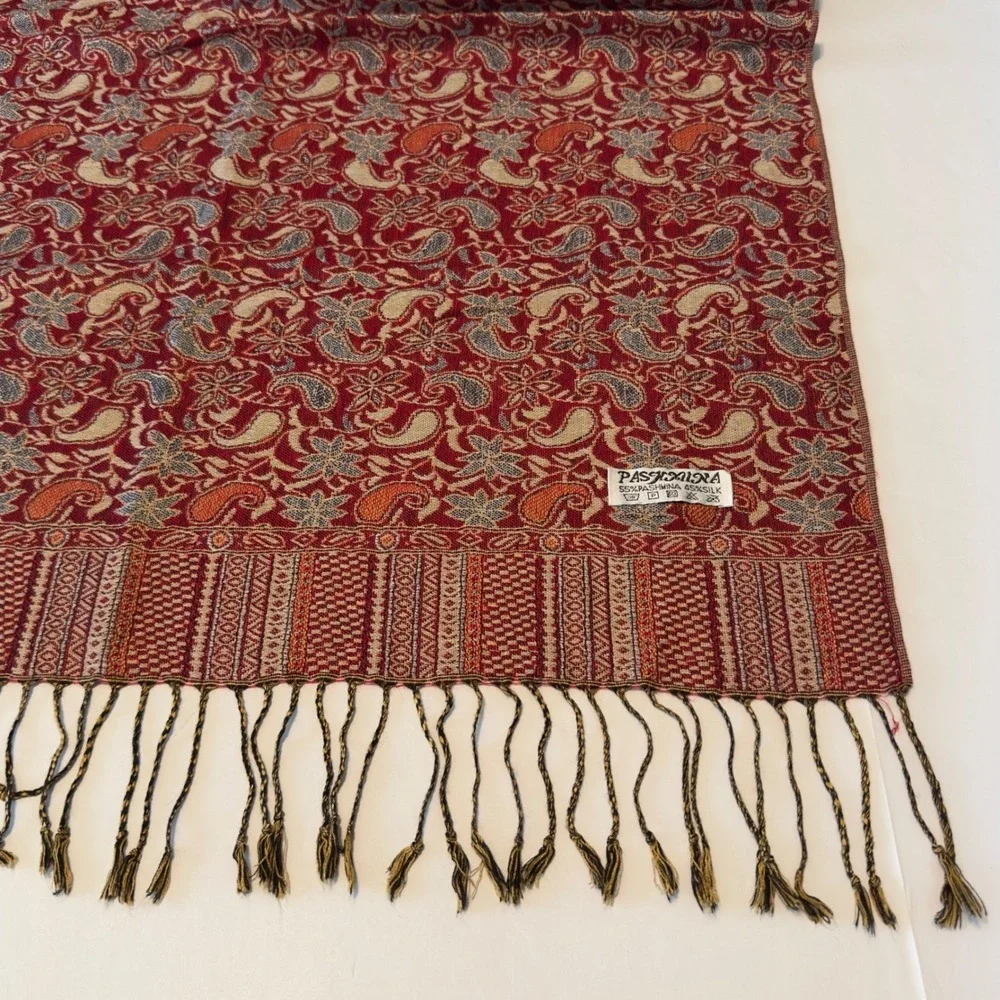 Pashmina Silk Blend Paisley Floral Scarf Wrap Red Orange Fringed Tassel 76x27